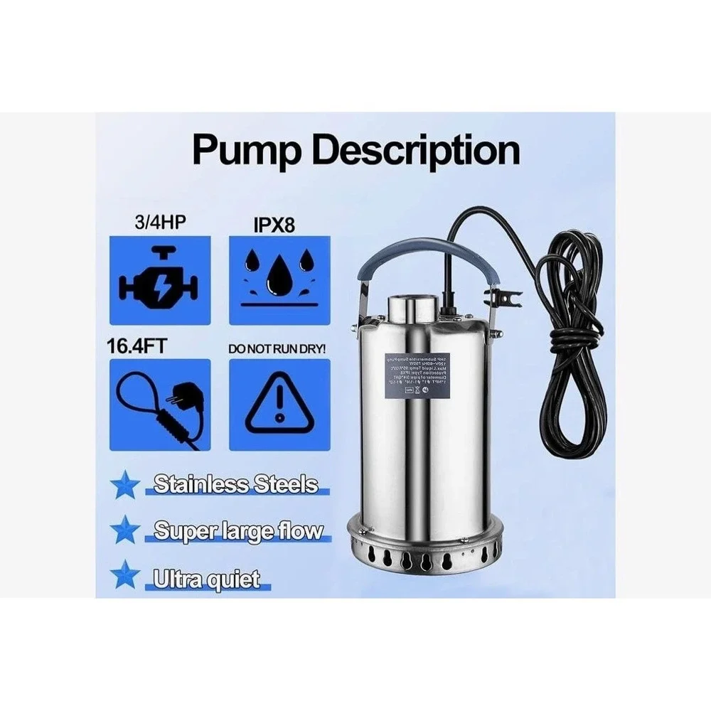 Stainless Steel Submersible Sump Pump 750W 120V IPX8 16FT Cord Hose Fittings